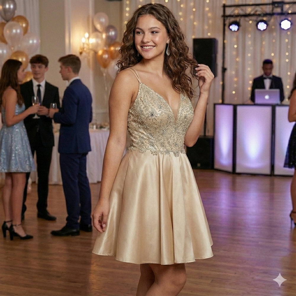 NWT Size 11 GB Embellished Champagne Gold Mini Dress